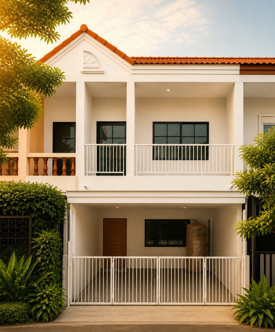 ทาวน์เฮาส์ 2 ชั้น หลังคาสีส้ม ระเบียงชั้นบนราวสีขาว มีที่จอดรถหน้าบ้านและประตูรั้วสีขาว
